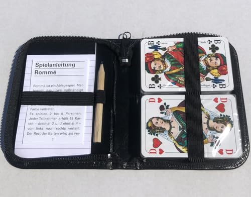 Generisch Romme Karten Gold Edition 2 x 55 Karten Format 59 x 91 mm + Bleistift + Block + Regeln, im edlen schwarzem Kunstleder Etui ebenso für Canasta und Bridge + Poker + Skat ab 10 Jahren von Generisch