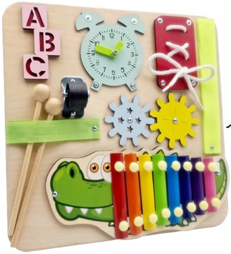 Generisch Sensoriktafel Montessori Mini – Lernspielzeug aus Holz für Kinder 30x30 cm – Busy Board mit Musik, Zahnrädern, Buchstaben – Made in EU (Glockenspiel) von Generisch