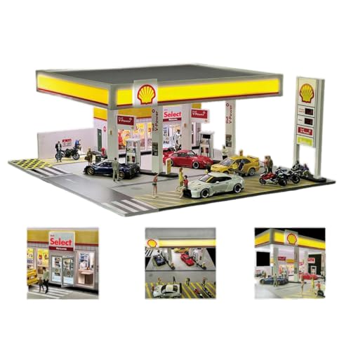 Generisch Shell-Tankstelle-Modell Im Maßstab 1/64 für Mini-Autos Im Maßstab 1/64, Japanisches Tankstelle-Modell Mit Steuerbarem LED-Licht und Schiebetür, Ideal Für Miniaturwelt-Enthusiasten von Generisch