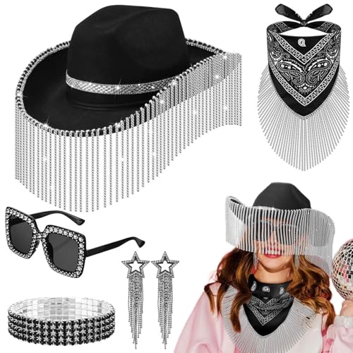 Generisch Strass Cowgirl Hut,Strass Cowboy Hut Set - 5X Glitzer-Cowboyhut-Set,Sonnenbrille Bling Armband Quaste Ohrringe Bandana Set, Cosplay Zubehör für Frauen Cosplay Halloween von Generisch