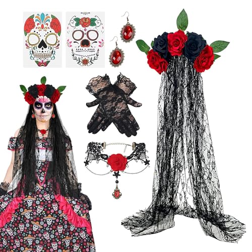 Generisch Tag Der Kostüm Für Damen | kostüm Halskette Kopfschmuck Set,Karneval Spitzenhandschuhe Schleier Ohrringe Halskette Outfit Damen Für Halloween Party Maskerade Bühnenauftritt von Generisch