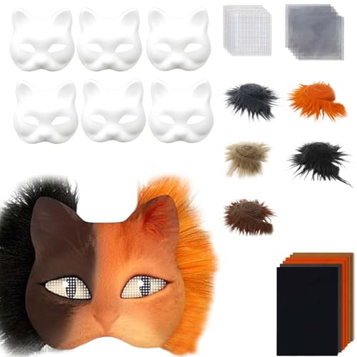 Generisch Therian Masken DIY-Set, 6-teilig DIY Therian Halloween Masken, Therian Katzenmaske Mask, Plüsch-Kunstfell, Stoffbürste, Kunststoffnetz, für Halloween-Maskenball und Cosplay (A) von Generisch
