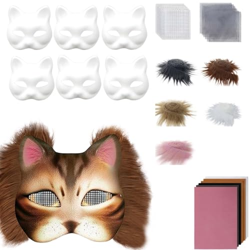 Generisch Therian Masken DIY-Set, 6-teilig DIY Therian Halloween Masken, Therian Katzenmaske Mask, Plüsch-Kunstfell, Stoffbürste, Kunststoffnetz, für Halloween-Maskenball und Cosplay (B) von Generisch