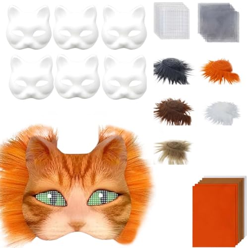 Generisch Therian Masken DIY-Set, 6-teilig DIY Therian Halloween Masken, Therian Katzenmaske Mask, Plüsch-Kunstfell, Stoffbürste, Kunststoffnetz, für Halloween-Maskenball und Cosplay (C) von Generisch