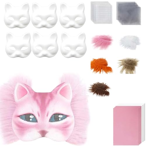 Generisch Therian Masken DIY-Set, 6-teilig DIY Therian Halloween Masken, Therian Katzenmaske Mask, Plüsch-Kunstfell, Stoffbürste, Kunststoffnetz, für Halloween-Maskenball und Cosplay (E) von Generisch