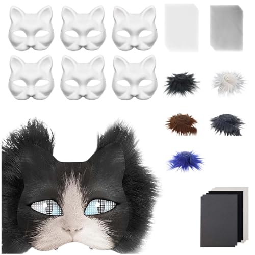 Generisch Therian Masken DIY-Set, 6-teilig DIY Therian Halloween Masken, Therian Katzenmaske Mask, Plüsch-Kunstfell, Stoffbürste, Kunststoffnetz, für Halloween-Maskenball und Cosplay (H) von Generisch