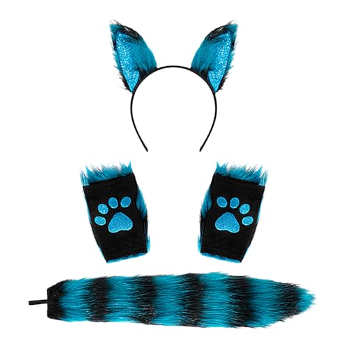 Generisch Tierschwanz-Haarspangen, Ohren und Handschuhe-Set, Halloween-Fancy-Party-Anzieh-Cosplay-Kostüm,Schwanz Wolf Cosplay Kostüm Set - Halloween-Kostüme, Plüschohren, Schwanz, Handschuhe, von Generisch