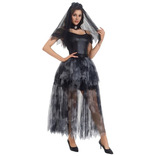 Generisch Vampir Steampunk horror braut Kleid Damen Halloween Kostüm Gothic Kleidung maleficent gruselig Bekleidung Schwarz L von Generisch