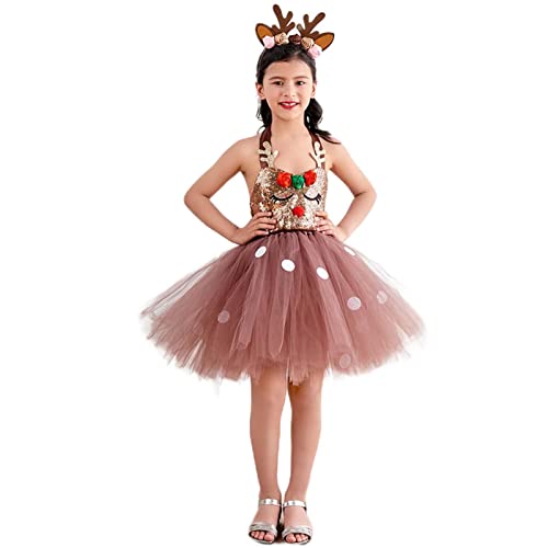 Generisch Weihnachts-Elchkleid - Mädchen glitzerndes braunes Tutu-Kleid | Feiertags-Rollenspiel-Maskerade-Party-Requisiten, ausgefallenes Cosplay-Outfit-Zubehör von Generisch