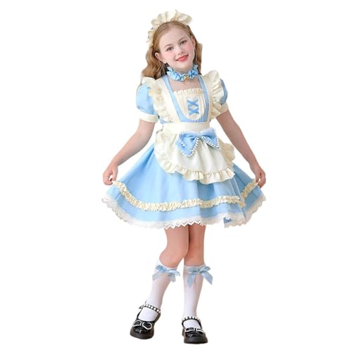 Generisch Weihnachtsbuch Jugendliche Mädchenkleider für Partys im Freien, Blumendruck Stirnband Schürze Kleid-Set mit schwarzer Schleife Halskette von Generisch