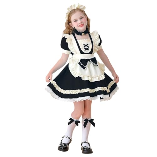 Generisch Weihnachtsbuch Jugendliche Mädchenkleider für Partys im Freien, Blumendruck Stirnband Schürze Kleid-Set mit schwarzer Schleife Halskette von Generisch