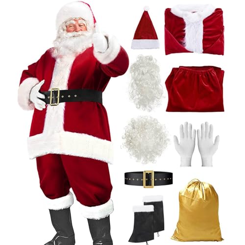 Generisch Weihnachtsmann-Kostüm für Erwachsene, Traditionelles Nikolaus-Outfit,9-Teiliges Herren-Weihnachtsmannkostüm, Nikolaus Kostüm Mit Mütze, Bart, Gürtel, Lederstiefel, Festliche Verkleidung Generisch Weihnachtsmann-Kostüm für Erwachsene, Traditionelles Nikolaus-Outfit,9-Teiliges Herren-Weihnachtsmannkostüm, Nikolaus Kostüm Mit Mütze, Bart, Gürtel, Lederstiefel, Festliche Verkleidung von Generisch
