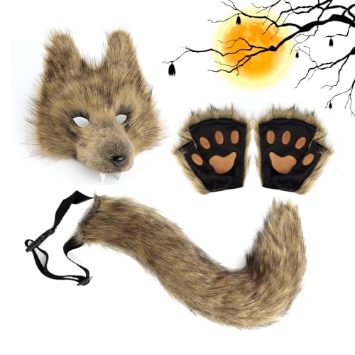 Generisch Wolf Kostüm Set | Halloween Kunstfell Wolf Zubehör | Damen Verkleidung Cosplay Outfit für Halloween | Maskerade Karneval Modenschau Bühnenauftritt Rollenspiel von Generisch