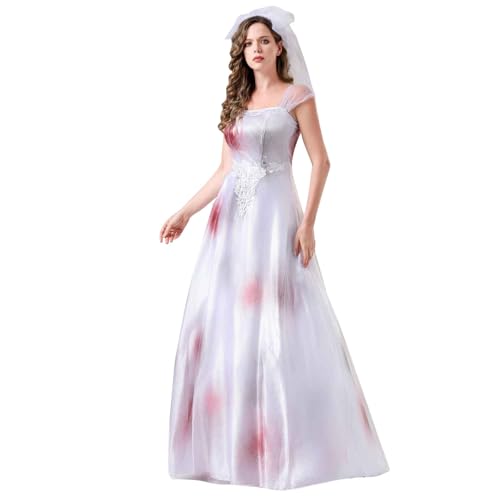 Generisch Women's Corpse Bride Halloween Costume, Blood-Stained Lace Corset Dress with Floral Headband Outfit for Adults (A01#white,XXL) von Generisch