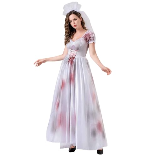 Generisch Women's Corpse Bride Halloween Costume, Blood-Stained Lace Corset Dress with Floral Headband Outfit for Adults (A02#white,XL) von Generisch