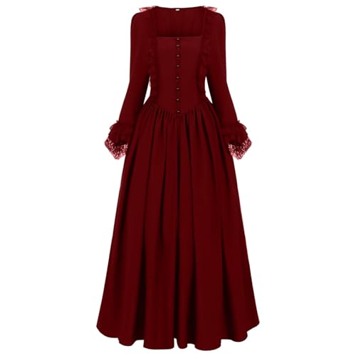 Generisch Women's Renaissance Halloween Dress, Gothic Vintage Square Neck Maxi Gown, Costume with Long Sleeves for Adults (Red,L) von Generisch