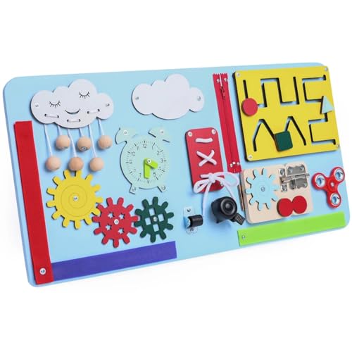 Generisch XXL Montessori Sensoriktafel 60x30 cm – Blaue Busy Board aus Holz – Lernspielzeug für Kinder – Zahnräder, Labyrinthe, Uhr, Reißverschluss (Blau) von Generisch