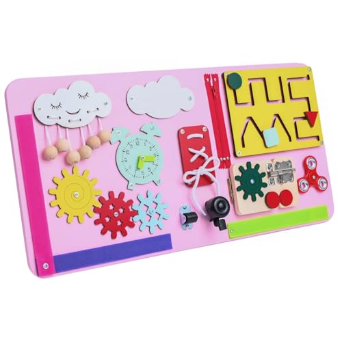 Generisch XXL Montessori Sensoriktafel 60x30 cm – Rosa Busy Board aus Holz – Lernspielzeug für Kinder – Zahnräder, Uhr, Labyrinthe, Glocke (Pink) von Generisch
