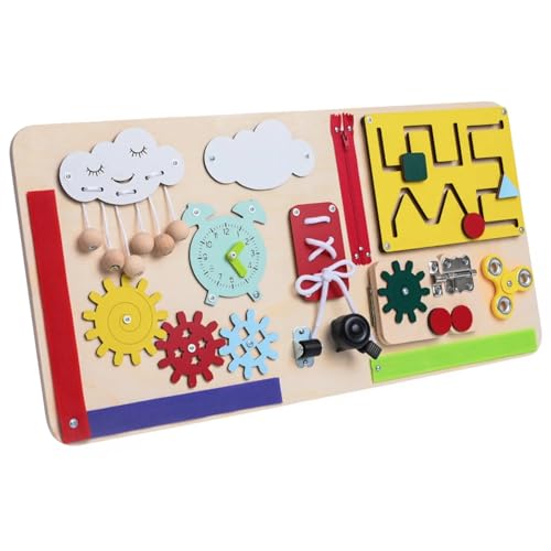 Generisch XXL Montessori Sensoriktafel personalisiert 60x30 cm – Busy Board – Lernspielzeug aus Holz – Zahnräder, Zipper, Labyrinthe, Glocke (Beige) von Generisch