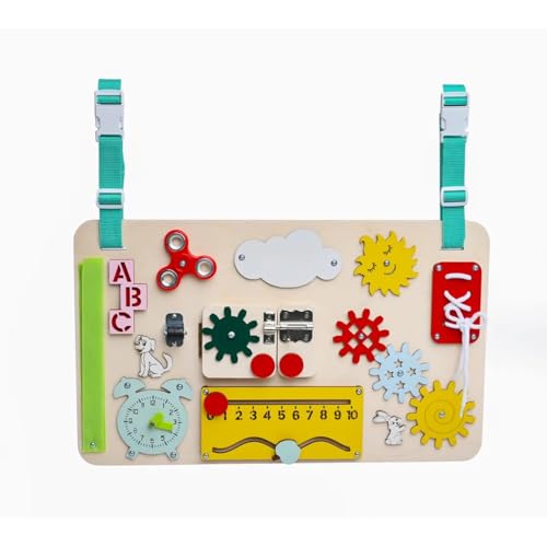 Generisch Zweiseitige Montessori Sensoriktafel 50x30 cm – Busy Board aus Holz – Lernspielzeug für Kinder – Beidseitig bespielbar – (Beige) von Generisch