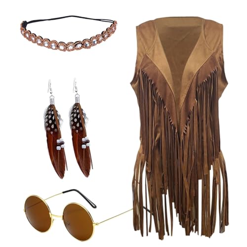 Generisch disco kostüm damen, Hippie Kostüm Damen Set Fransen Ärmellose Weste Kleidung 60er 70er Jahre Outfit Damen Mädchen Disco Outfit Braun Fransenweste Hippie Karneval Faschingskostüme von Generisch