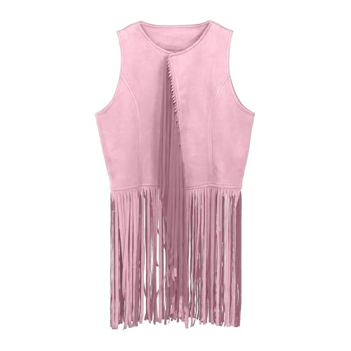 Generisch festival outfit damen,Western Cowboyhut Weste Kinder Hippie ärmelloses Kostüm Cowboy Hut Kinder Fransenweste Oktoberfest Festival Outfit Sommerparty Wilderness Role Play Halloween rosa 150 von Generisch