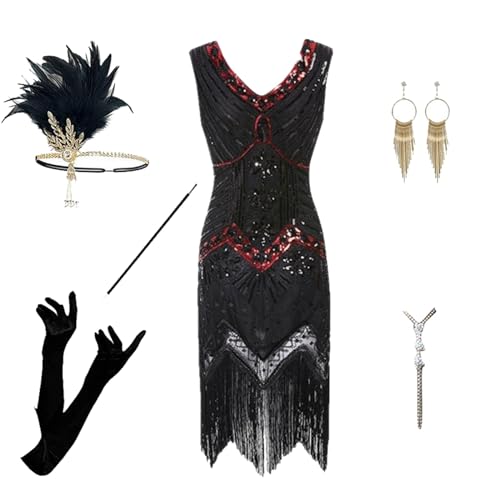 Generisch kleid damen, 6 Stück 1920er Charleston Kleid V-Ausschnitt Pailletten Perlen Fransen Kleid mit Flapper Stirnband Handschuhen Perlenkette Ohrringen Handheld-Requisiten für Abschlussball von Generisch