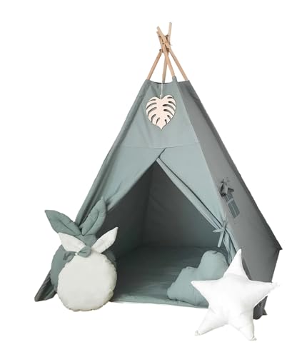 Geräumiges Kinder-Tipi-Zelt im Boho-Stil mit 4 dekorativen Kissen, Bodenmatte, Fenster, Monstera-Hänger, Holzgestell und Stabilisator für fantasievolle Spielmomente (Boho-Grün + Monstera-Anhänger) Geräumiges Kinder-Tipi-Zelt im Boho-Stil mit 4 dekorativen Kissen, Bodenmatte, Fenster, Monstera-Hänger, Holzgestell und Stabilisator für fantasievolle Spielmomente (Boho-Grün + Monstera-Anhänger) von Generisch