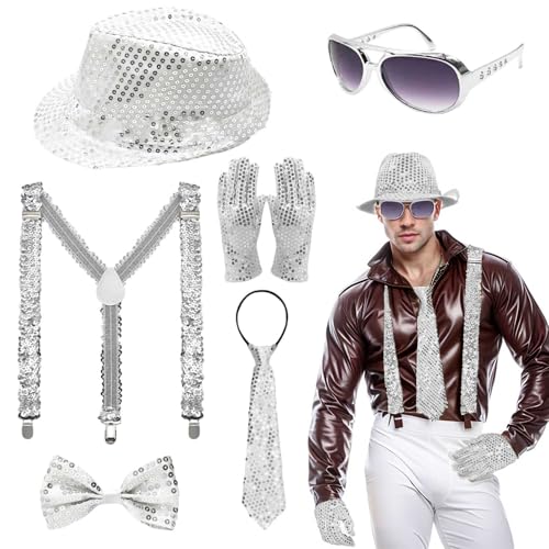 Glitzer Accessoires Herren, Glitzer Fliege und Hosenträger, Pailletten Zylinder Hut, Krawatte, Gläser, Handschuhe, Karneval Fasching Mottoparty Party Dance Outfit von Generisch