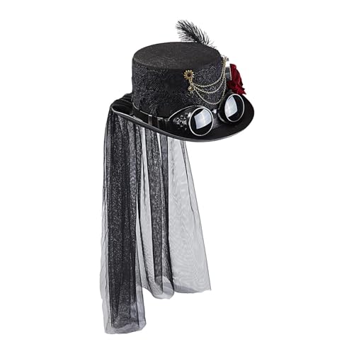 Gothic Steampunk Hut | Gothic Steampunk Top Hüte mit Brille, Gothic Gears Steampunk Top Hüte mit Blumenfeder und Kette für Damen und Herren von Generisch