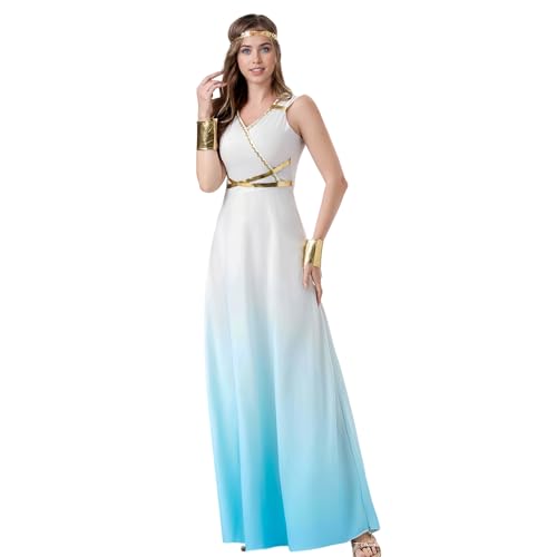 Griechisches Damenkostüm mit Lorbeerkrone, antikes griechisches Kostüm, perfekt für LARP-Kostüm, Vinrage, Damenkleid für Halloween, Karneval (weiß + blau, XL) von Generisch