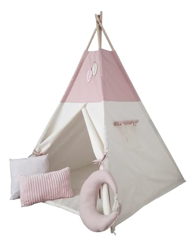 Großes Kinder-Tipi-Zelt mit 3 dekorativen Kissen, gepolsterter Bodenmatte, Blätter-Anhänger, Fensterrollo, Holzgestell und Stabilisator für stilvolle Spielmomente im Boho-Stil (Dusty Pink + Kissen) Großes Kinder-Tipi-Zelt mit 3 dekorativen Kissen, gepolsterter Bodenmatte, Blätter-Anhänger, Fensterrollo, Holzgestell und Stabilisator für stilvolle Spielmomente im Boho-Stil (Dusty Pink + Kissen) von Generisch