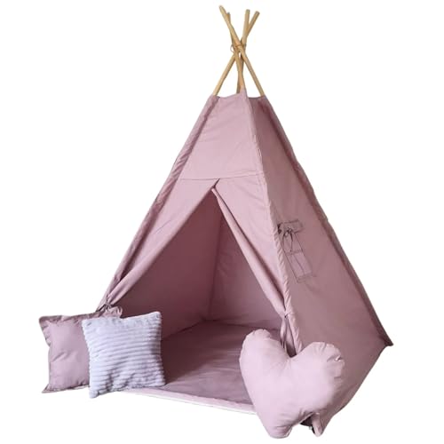 Großes Kinder-Tipi-Zelt mit Fenster, Dicker Bodenmatte, Herz- und Minky-Kissen, inklusive Stabilisierung und Bändern zur Fixierung – ideal zum Spielen & Entspannen (Pink + Herzförmiges Kissen) von Generisch