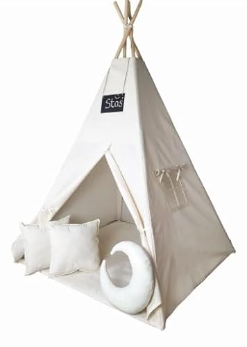 Großes Kinder-Tipi mit Fenster, Dicker Bodenmatte, personalisierbarer Tafel, 3 Kissen, Baumwollstoff, Stabiler Holzrahmen, ideal zum Spielen, Lesen und Entspannen (Cremig + Brett) von Generisch