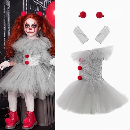 Gruseliges Clo-wn Kostüm für Kinder, Mädchen Halloween Clow-ns Rock, Pennywises Halloween Kostüm mit Handschuhen und Roter Haarnadel, Gruseliges Halloween Tutu Kleid, Halloween It Clow-ns Cosplay von Generisch