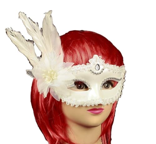 HAAC venezianische Augenmaske Maske mit Federn und Blume Farbe weiß für Halloween Fasching Karneval Party von Generisch