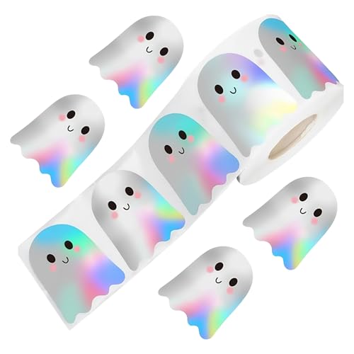 Halloween Aufkleber Rolle 500 Stück, Holografische Gespenst Sticker Selbstklebend Wasserdicht, Niedliche Halloween Sticker Für Kinder, Party, Basteln, Geschenke Und Deko von Generisch