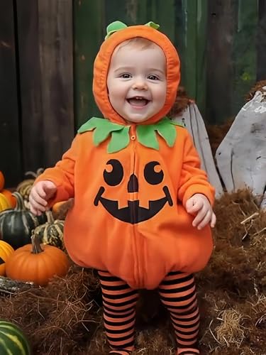 Halloween Baby Kürbiskostüm, Baby Mädchen Junge Cosplay Kapuzenpullover Kürbis Kostüm und gestreifte Hose für Babys von 0 bis 24 Monaten (90cm) von Generisch