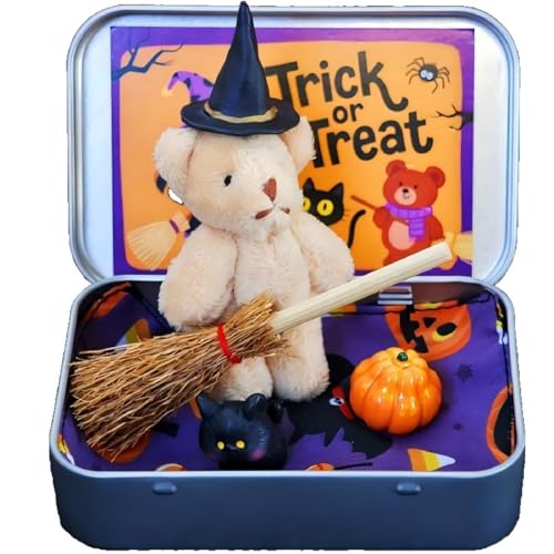Halloween-Bär in Einer Box, Hexen-Teddy Mit Besen, Kürbiss & Katze, Überraschungsboxen Mit Besen, Kürbiss Und Katze Im Inneren, Gruseliges Geschenk & Dekoration (A) von Generisch