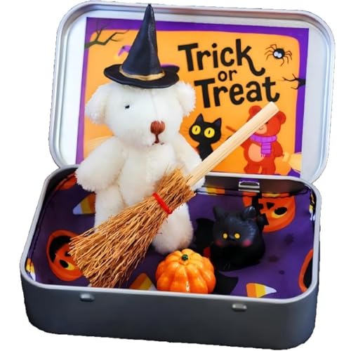 Halloween-Bär in Einer Box, Hexen-Teddy Mit Besen, Kürbiss & Katze, Überraschungsboxen Mit Besen, Kürbiss Und Katze Im Inneren, Gruseliges Geschenk & Dekoration (B) von Generisch