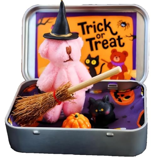 Halloween-Bär in Einer Box, Hexen-Teddy Mit Besen, Kürbiss & Katze, Überraschungsboxen Mit Besen, Kürbiss Und Katze Im Inneren, Gruseliges Geschenk & Dekoration (C) von Generisch