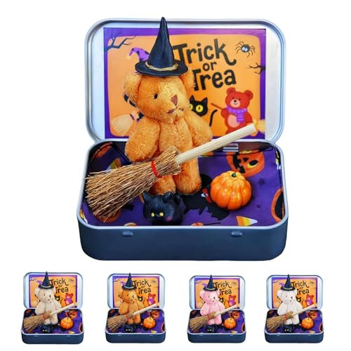Halloween Bär in einer Box für Süßes oder Saures, Halloween Teddybär in einer Box, Mini Hexer Teddy in einer Box, Hexe Teddybär in Box, mit Hexendecke Besen Umhang Kürbisse & Katzen (Braun) von Generisch