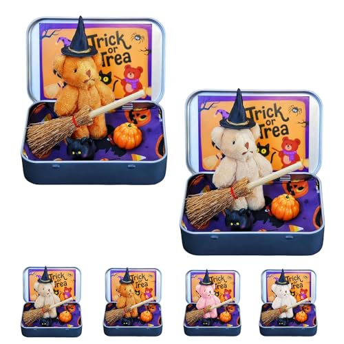 Halloween Bär in einer Box für Süßes oder Saures, Halloween Teddybär in einer Box, Mini Hexer Teddy in einer Box, Hexe Teddybär in Box, mit Hexendecke Besen Umhang Kürbisse & Katzen (Braun + Khaki) von Generisch