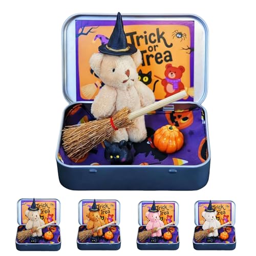 Halloween Bär in einer Box für Süßes oder Saures, Halloween Teddybär in einer Box, Mini Hexer Teddy in einer Box, Hexe Teddybär in Box, mit Hexendecke Besen Umhang Kürbisse & Katzen (Khaki) von Generisch