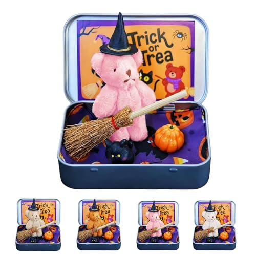 Halloween Bär in einer Box für Süßes oder Saures, Halloween Teddybär in einer Box, Mini Hexer Teddy in einer Box, Hexe Teddybär in Box, mit Hexendecke Besen Umhang Kürbisse & Katzen (Rosa) von Generisch
