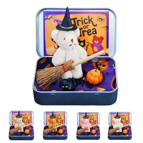 Halloween Bär in einer Box für Süßes oder Saures, Halloween Teddybär in einer Box, Mini Hexer Teddy in einer Box, Hexe Teddybär in Box, mit Hexendecke Besen Umhang Kürbisse & Katzen (Weiß) von Generisch