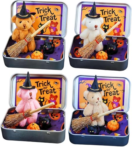 Halloween-Bär in einer Box für Süßes oder Saures, Miniatur-Hexer, kleine Bären in einer Box, handgefertigte Hexe Bea-r mit Hexendecke, Besen, Umhang, Kürbis und Katze, (Halloween-Bär) von Generisch