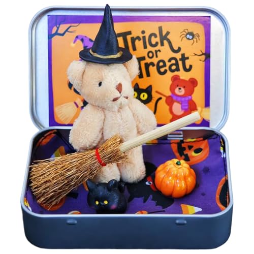 Halloween-Bär in einer Box für Süßes oder Saures, handgefertigter kleiner Hexenbär in Box, Büro, Heimdekoration, Halloween-Partygeschenke, durchdachtes Schreibtischzubehör (Hellbraun) von Generisch
