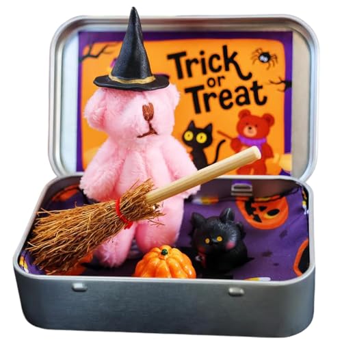 Halloween-Bär in einer Box für Süßes oder Saures, handgefertigter kleiner Hexenbär in Box, Büro, Heimdekoration, Halloween-Partygeschenke, durchdachtes Schreibtischzubehör (Rosa) von Generisch