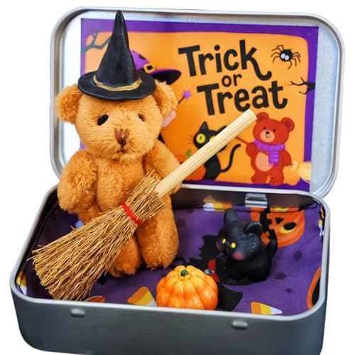 Halloween-Bär in einer Box für Süßes oder Saures, handgefertigter kleiner Hexenbär in Box, Büro, Heimdekoration, Halloween-Partygeschenke, durchdachtes Schreibtischzubehör (braun) von Generisch